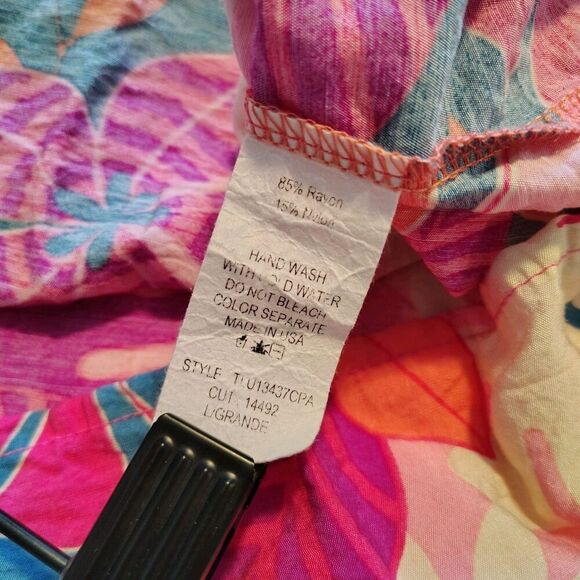 Ces Femme Shirt Blouse Floral Peasant Bright Colorful Puff Sleeves Tropical Sz L - Picture 8 of 8